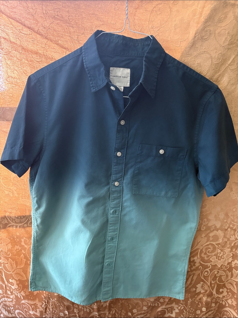 American Eagle Outfitters Men's Ombre Short Sleeve Button-Down Shirt - Blue/Teal
